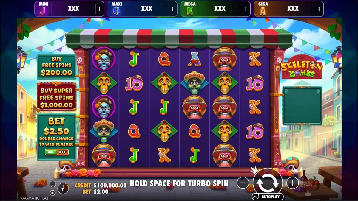 Cena vibrante do slot Skeleton Bombs com caveiras coloridas e elementos festivos mexicanos.