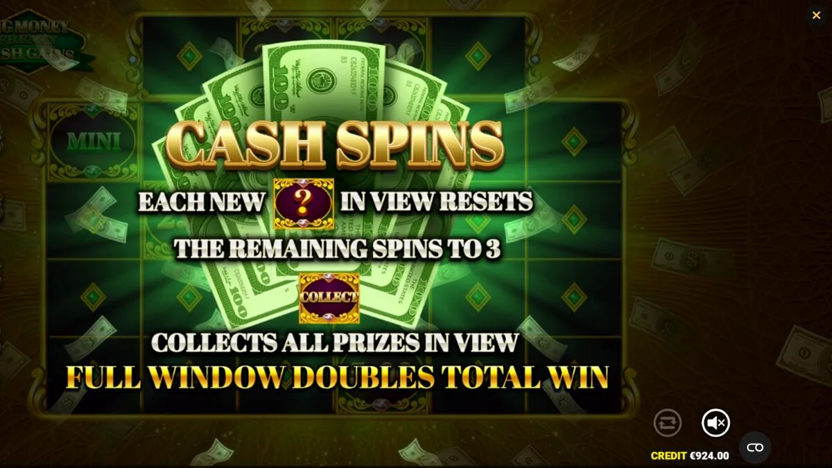Interface do slot Big Money Frenzy Cash Gains com tema de cofre e notas de dinheiro